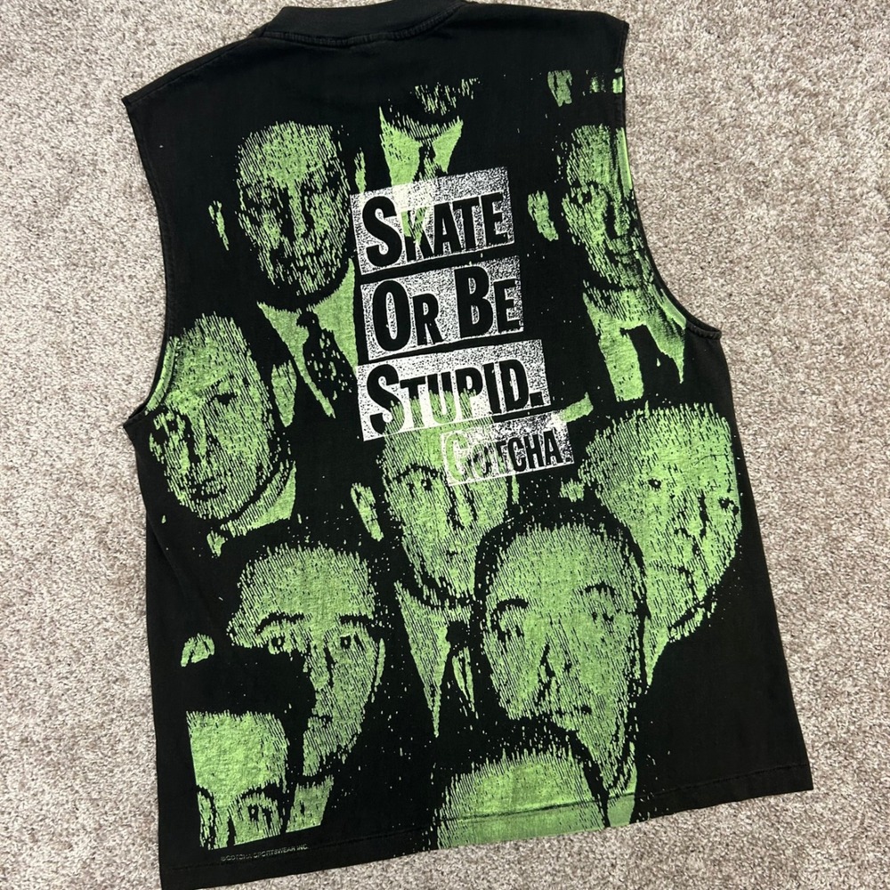 Vintage Skate Or Be Stupid Gotcha Sleeveless‎ Tshirt Men Size Large USA Made 90s